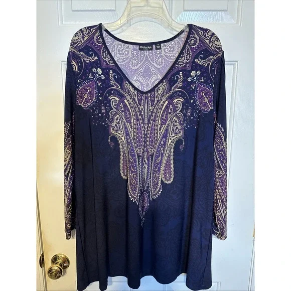 EFFORTLESS STYLE BY CITIKNITS QVC LONG SLEEVE V-NECK TUNIC PAISLEY NAVY 1X EUC - Picture 1 of 8